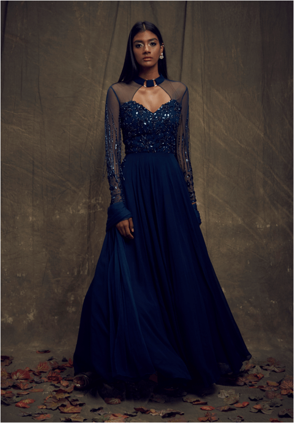Dark teal blue full sleeves embellished gown + net dupatta