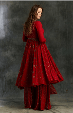 Red Georgetter Anarkali with Sharara/Blue Border Lehenga with off Shoulder crop top