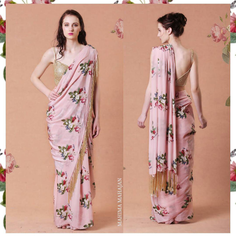 Pink Printed Sari with Tassels