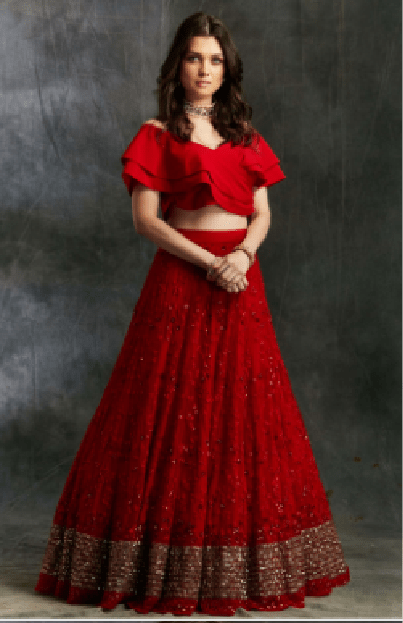 Off Shoulder Crop with Red Embroidered Lehenga